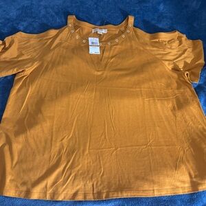 Michael Kors Mustard Cold-Shoulder Short Sleeve Top with Eyelet Neckline